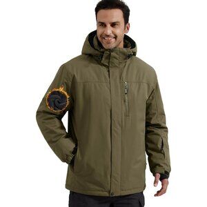 Men's Army Green Waterproof Ski Snow Jacket Fleece Lined Warm Winter Rain Jacket
